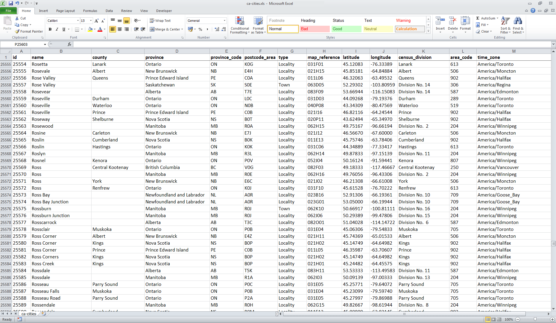 List Of All Canadian Cities Excel SQL CSV Download 